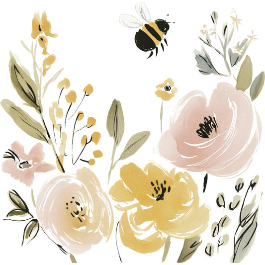 floral, botanical, bee, bumble bee, wildflowers, spring, nature, garden, yellow flowers, cream flowers, dusty rose, soft pink, sage green, olive green, tan, watercolor, painted, whimsical, modern botanical, delicate, elegant, cottage core, farmhouse, nature illustration, pollinators, insects, leaf motifs, flower buds, soft colors, pastel