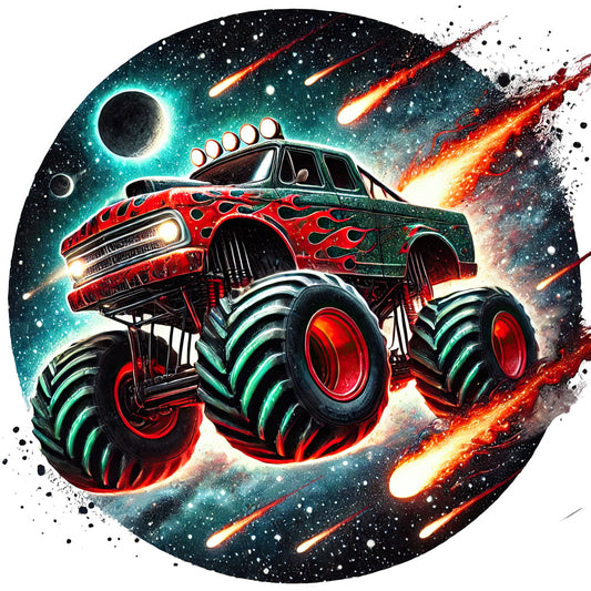 monster truck, red and black, turquoise, neon glow, flames, celestial, space, planets, moons, meteors, comets, shooting stars, glowing eyes, hot rod, vintage truck, action packed, bold, vibrant, whimsical, fantasy, adventure, boys, kids, dark sky, cosmic, fire and ice, dramatic, energetic, high octane