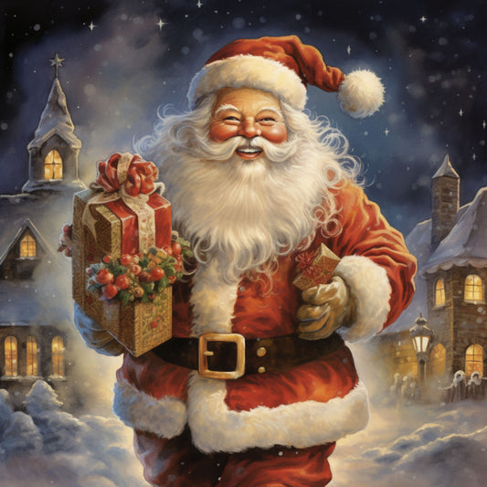 santa claus, christmas scene, red suit, white beard, gift boxes, snowy village, church steeple, warm yellow lights, starry night sky, winter landscape, fabric panel, quilting cotton, holiday theme, festive design, jolly santa, snow covered roofs, christmas presents, whimsical illustration, seasonal fabric, winter wonderland