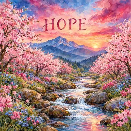 hope, landscape, mountain, sunset, sunrise, cherry blossoms, pink flowers, blue flowers, spring, nature, scenic, inspirational, motivational, waterfall, river, trees, forest, romantic, dreamy, whimsical, elegant, peaceful, serene, coral pink, dusty rose, soft pink, golden yellow, sky blue, periwinkle, natural beauty