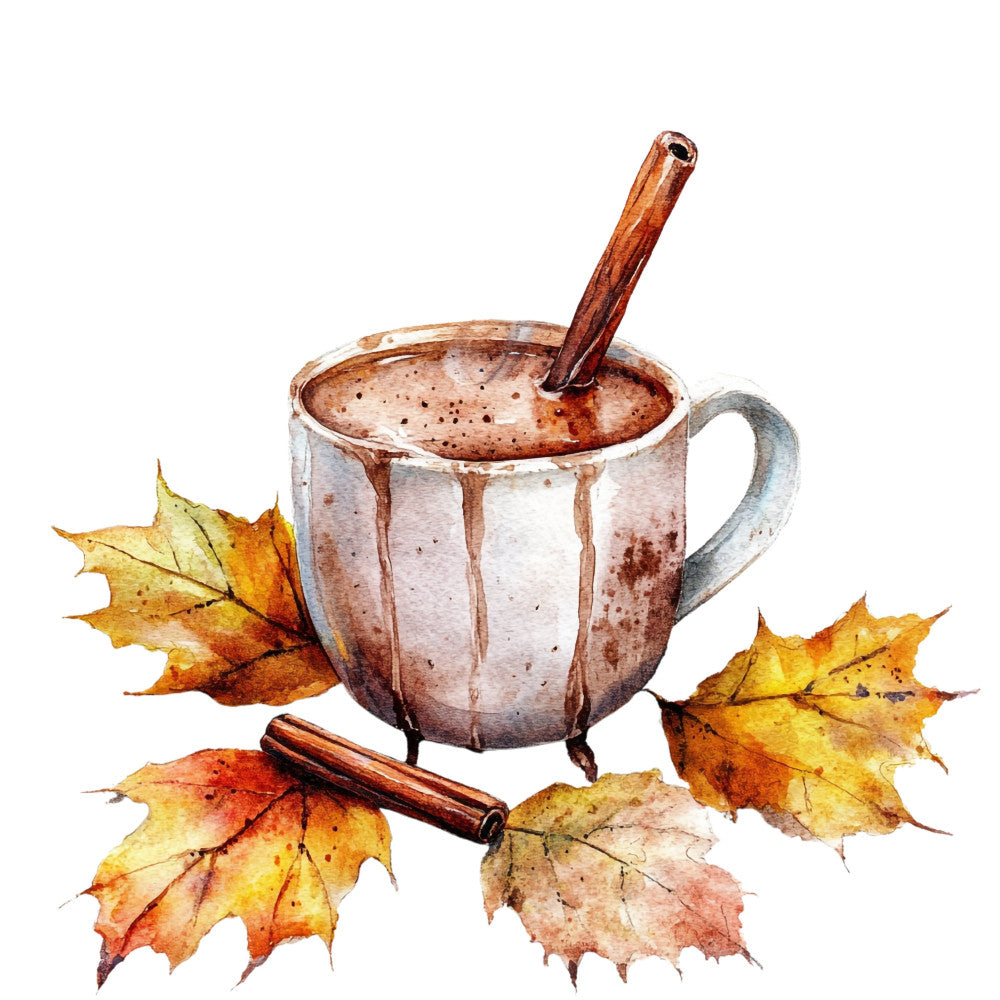 autumn leaves, fall foliage, cinnamon stick, hot chocolate, cozy mug, maple leaf, seasonal, warm beverage, rustic, harvest theme, earth tones, burnt orange, golden yellow, cream, chocolate brown, spiced cider, comfort drink, fall aesthetic, thanksgiving, autumn decor, nature motif, woodland, warm colors, botanical, beverage themed, kitchen textile, home decor, traditional style, warm and inviting, seasonal decoration