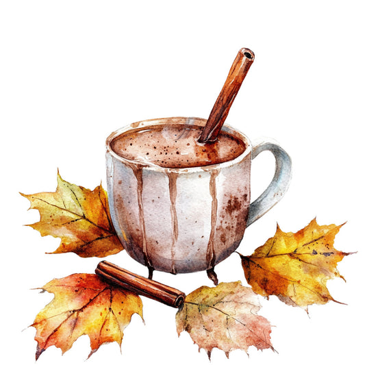 autumn leaves, fall foliage, cinnamon stick, hot chocolate, cozy mug, maple leaf, seasonal, warm beverage, rustic, harvest theme, earth tones, burnt orange, golden yellow, cream, chocolate brown, spiced cider, comfort drink, fall aesthetic, thanksgiving, autumn decor, nature motif, woodland, warm colors, botanical, beverage themed, kitchen textile, home decor, traditional style, warm and inviting, seasonal decoration