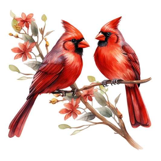 red cardinals, bright red, coral pink, sage green, brown branches, watercolor style, bird illustration, nature motif, floral elements, fabric panel, quilting cotton, wildlife design, perched birds, botanical artwork, soft pastels, realistic birds, spring flowers, pair of birds, delicate flowers, nature scene