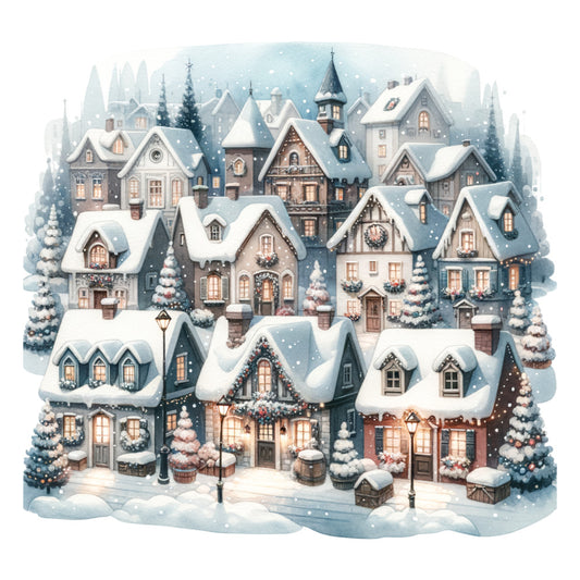 winter village, christmas, snow, holiday, festive, victorian, cottage core, nostalgic, vintage, storybook, whimsical, magical, cream, ivory, soft blue, dusty blue, warm brown, brick red, snow-covered roofs, evergreen trees, church steeple, lanterns, wreaths, garland, twinkling lights, cozy, enchanted, traditional, elegant, seasonal decor