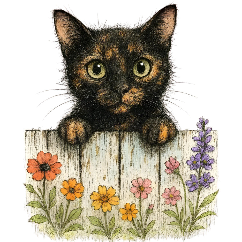 tortoiseshell cat, black and tan cat, calico cat, yellow green eyes, orange flowers, yellow flowers, pink flowers, purple flowers, lavender flowers, white wooden fence, garden fence, floral border, spring flowers, summer flowers, nature, animals, cats, whimsical, charming, cottage core, farmhouse, rustic, garden theme, flower garden, botanical, cute animals, pet lover, illustration style, hand-drawn, wall hanging