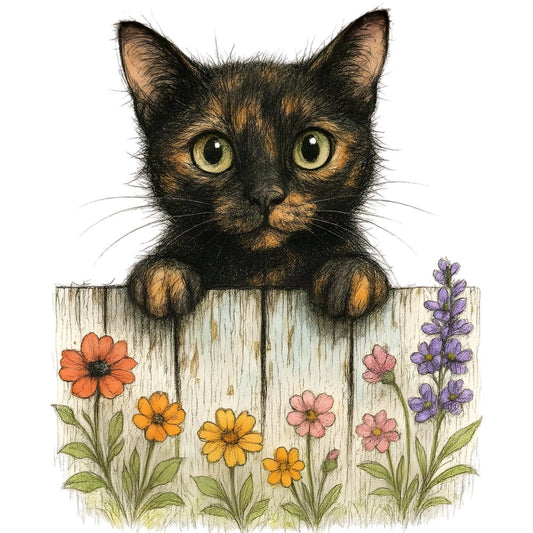 tortoiseshell cat, black and tan cat, calico cat, yellow green eyes, orange flowers, yellow flowers, pink flowers, purple flowers, lavender flowers, white wooden fence, garden fence, floral border, spring flowers, summer flowers, nature, animals, cats, whimsical, charming, cottage core, farmhouse, rustic, garden theme, flower garden, botanical, cute animals, pet lover, illustration style, hand-drawn, wall hanging