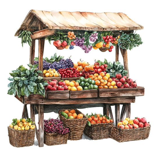 fruit stand, farmers market, watercolor style, rustic wooden stall, fresh produce, colorful fruits, vegetables, wicker baskets, green leafy vegetables, red apples, purple grapes, orange citrus, yellow fruits, brown wood texture, fabric panel, quilting cotton, countryside scene, harvest theme, vintage market, botanical illustration