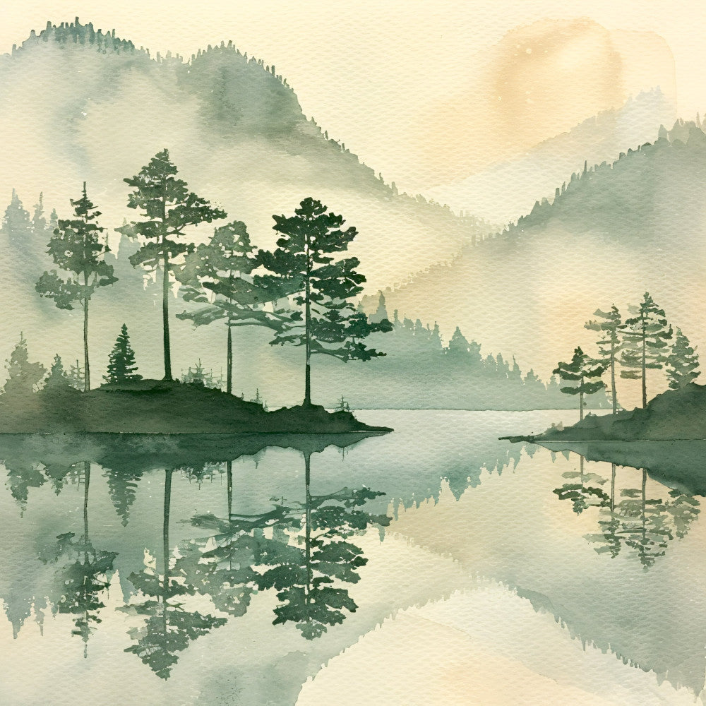 forest green, sage green, cream, beige, tan, watercolor, landscape, mountain, lake, reflection, trees, pine trees, nature, serene, peaceful, misty, foggy, traditional, rustic, elegant, asian-inspired, zen, tranquil, woodland, scenic, nature lovers, home decor, wall art, artistic, impressionist