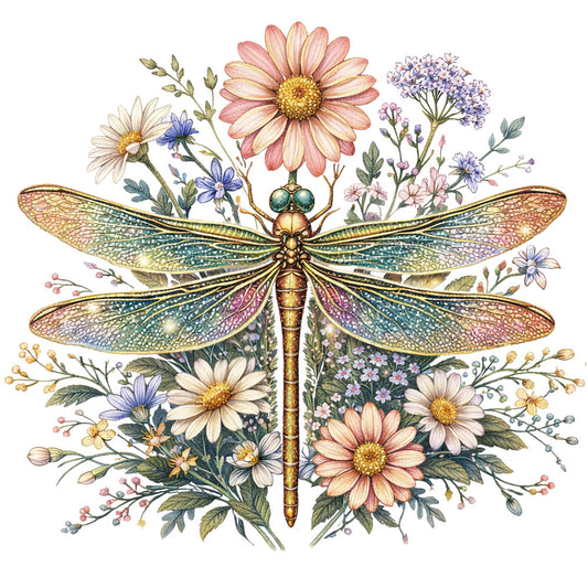 dragonfly, floral, botanical, nature, insects, wildflowers, daisies, lavender, garden, vintage, whimsical, elegant, natural history, illustrated, watercolor, spring, summer, blush pink, coral pink, cream, soft yellow, sage green, teal, purple, gold accents, delicate, romantic, cottage core, botanical illustration, detailed