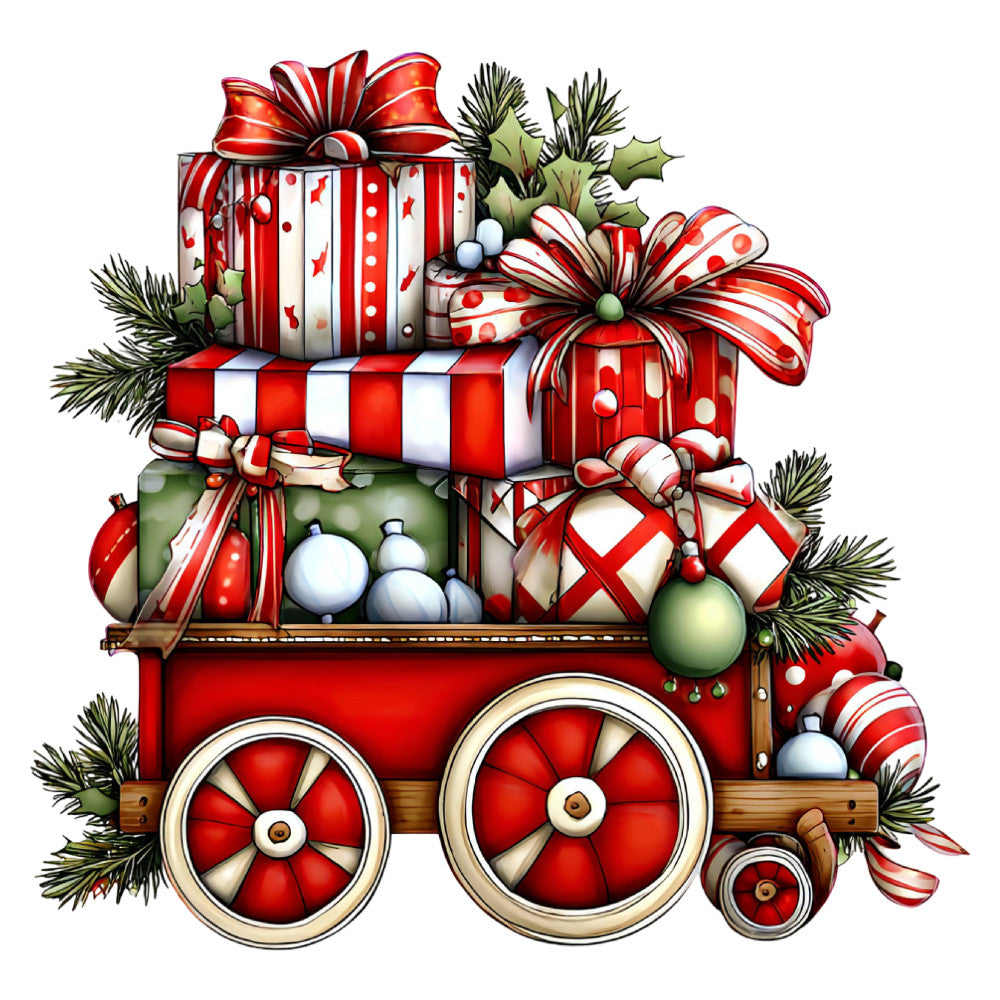 red and white, candy cane striped, holly leaves, christmas, holiday, festive, whimsical, vintage, striped bow, polka dots, ornaments, gift boxes, evergreen branches, red wheels, train car, stacked presents, playful, traditional christmas, red and cream, white ornaments, green ornaments, candy cane, decorative ribbons, nostalgic, cheerful, christmas gifts, winter holiday, red striped, festive design, large scale print