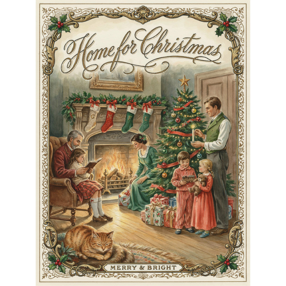 home for christmas, vintage christmas, family gathering, fireplace, christmas tree, stockings, ornaments, children, nostalgic, traditional, elegant, festive, holiday, seasonal, winter, christmas caroling, victorian, antique, gold accents, cream background, red, green, gold, warm tones, decorative border, gift-giving, domestic scene, classic christmas, retro holiday, cat