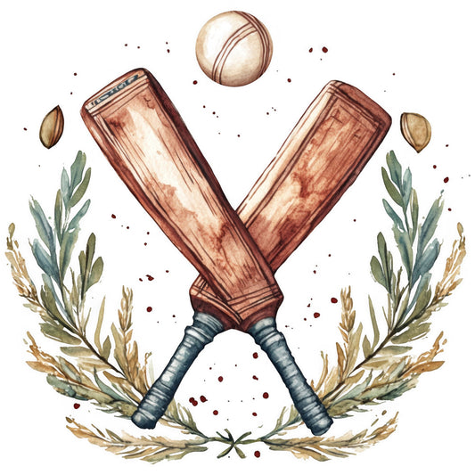 cricket, sports, baseball, bat, ball, wheat, laurel wreath, vintage, rustic, brown, cream, sage green, tan, burgundy, forest green, victory, achievement, athletic, farmhouse, americana, heritage, traditional, botanical, leaf motif, grain, harvest, earthy tones, masculine, sporty, nostalgic