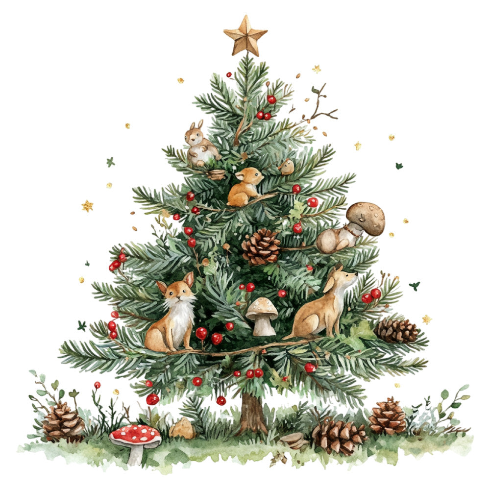 forest green, cream, red, gold, woodland animals, forest animals, nature, holiday, christmas, whimsical, vintage, rustic, enchanted forest, foxes, rabbits, deer, squirrels, mushrooms, pinecones, evergreen branches, berries, stars, gold star, festive, child-friendly, storybook, magical, winter, seasonal, animal characters