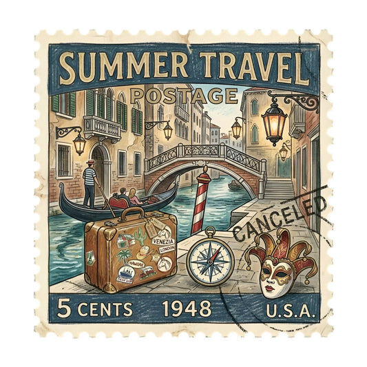 vintage travel, summer travel, postage stamp, 1948, venetian, gondola, canal, bridge, compass, suitcase, travel themed, cream, navy blue, terra cotta, teal blue, nostalgic, retro, whimsical, elegant, european, venetian mask, lanterns, historic architecture, wanderlust, adventure, classic, timeless, decorative panel, wall art, collector's panel