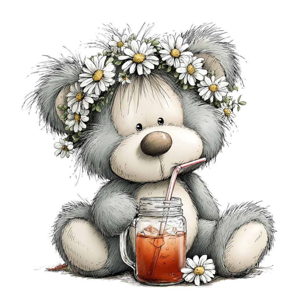 teddy bear, daisies, floral, animals, whimsical, cute, gray, white, cream, gold, spring, summer, baby, children's, nature, botanical, beverage, drinking, daisy wreath, flower crown, soft, gentle, nursery, playful, illustration, storybook, vintage, charming, sweet, decorative panel