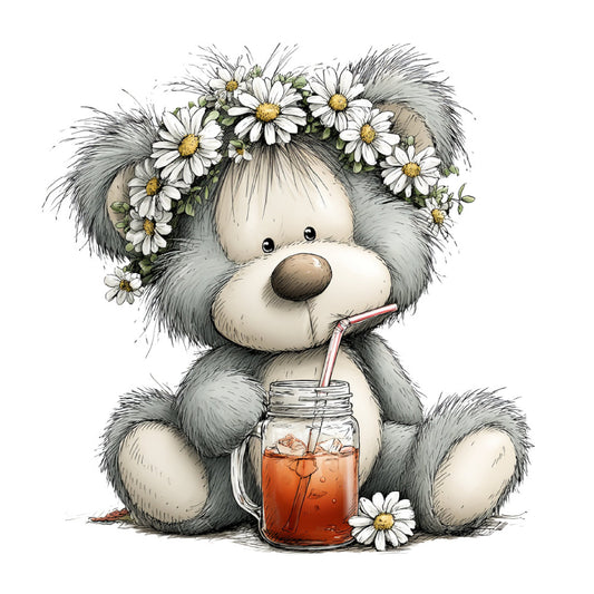 teddy bear, daisies, floral, animals, whimsical, cute, gray, white, cream, gold, spring, summer, baby, children's, nature, botanical, beverage, drinking, daisy wreath, flower crown, soft, gentle, nursery, playful, illustration, storybook, vintage, charming, sweet, decorative panel