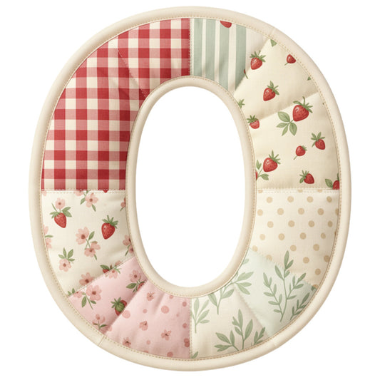 cream, red, pink, sage green, gingham, plaid, floral, striped, strawberry, botanical, vintage, farmhouse, cottage core, pastoral, spring, summer, leaves, flowers, berries, quilted letter, monogram, patchwork, traditional, nature-inspired, garden, rustic, soft colors, polka dots, fabric panel