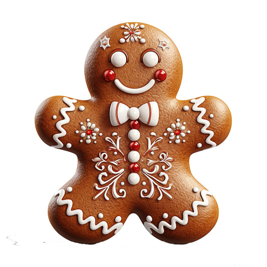 Cute Christmas Gingerbread Man Fabric Panel 5 showing a detailed gingerbread man with white and red icing decorations on premium quilting cotton fabric.