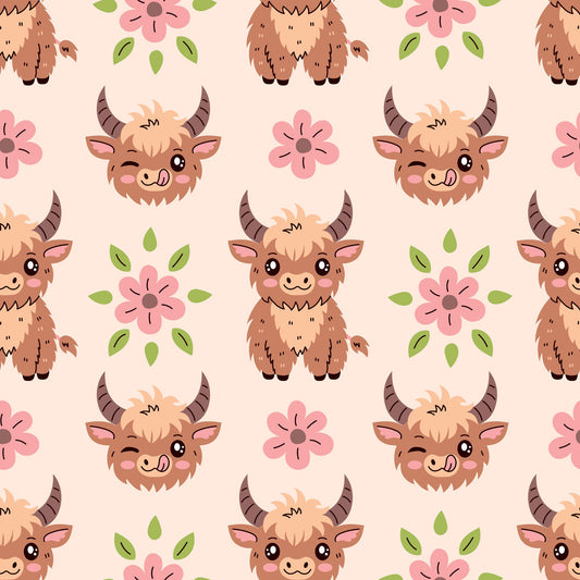 Cute Baby Highland Cows Pattern 6 Quilting Cotton Fabric