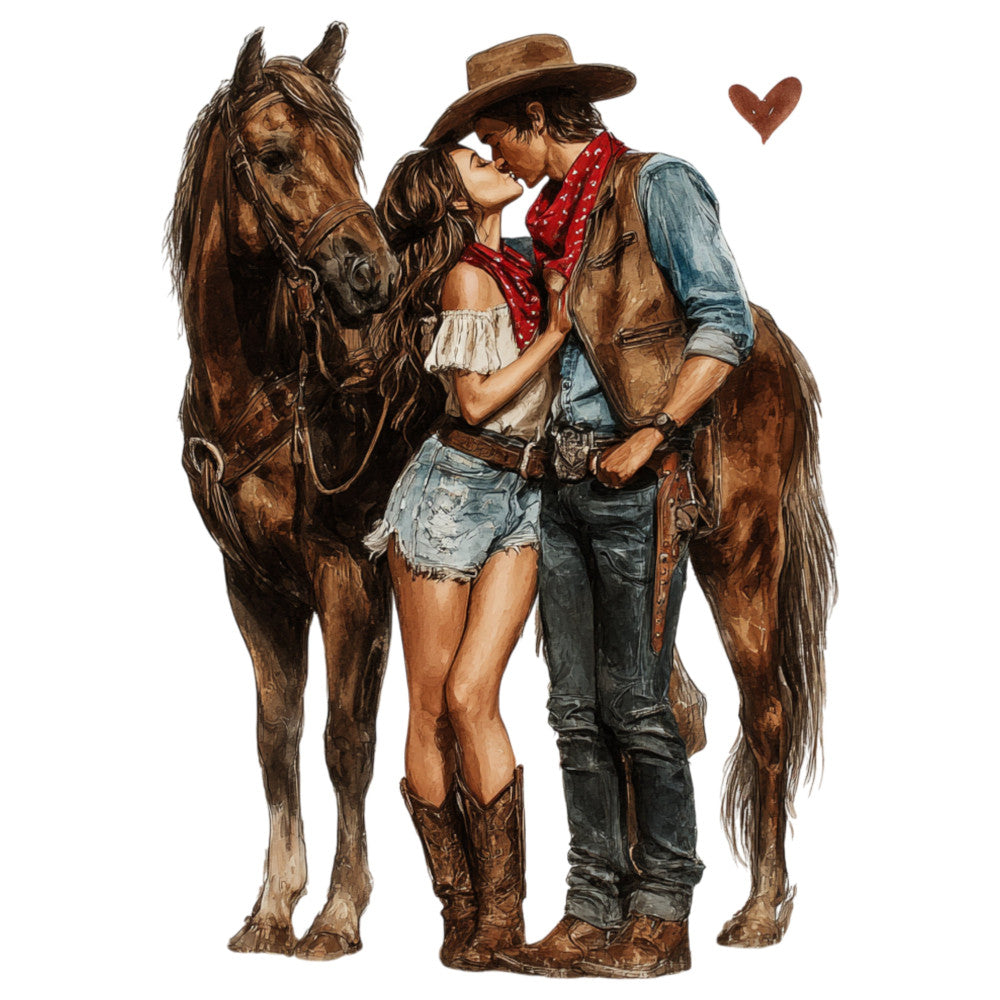 cowboy, western, romance, vintage, rustic, horses, couple, kissing, heart, brown, tan, cream, red, denim blue, country, retro, americana, love, romantic, farmhouse, traditional, nostalgic, portrait, illustration, equestrian, boots, hat, western wear, sweetheart