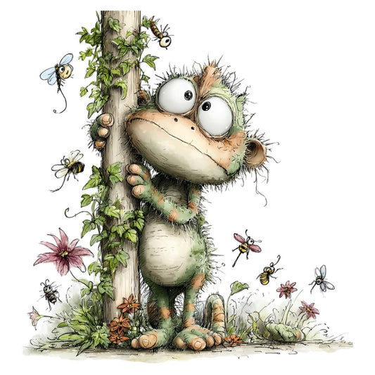 whimsical, frog, nature, animals, green, cream, brown, tan, insects, bees, dragonflies, flowers, vines, climbing ivy, woodland, children's, playful, quirky, cute, illustrated, storybook, spring, summer, garden, leaves, floral, moss green, sage green, rustic, charming