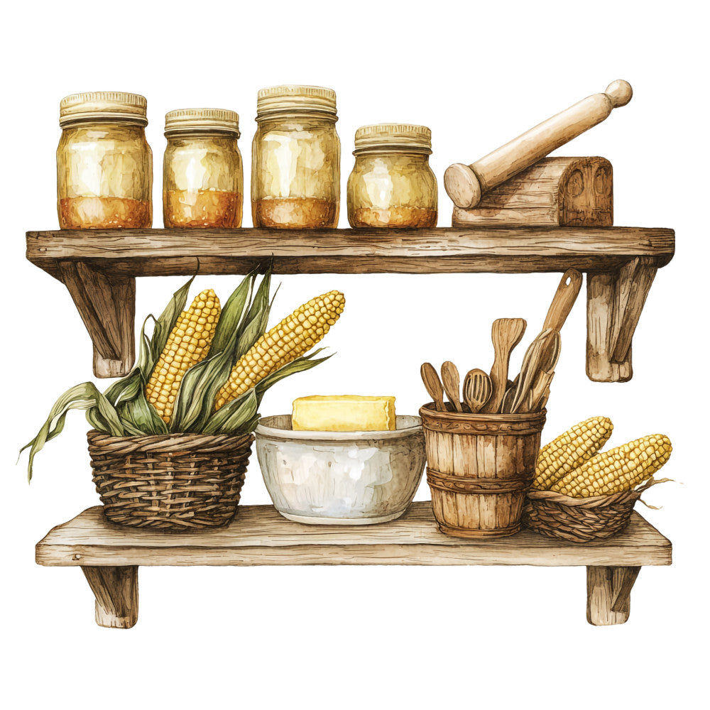 rustic kitchen, wooden shelves, mason jars, corn ears, wicker baskets, wooden utensils, mortar pestle, farmhouse style, golden yellow, warm brown, cream white, country living, kitchen scene, vintage cooking, fabric panel, quilting cotton, harvest theme, rural aesthetic, cooking tools, preserved foods