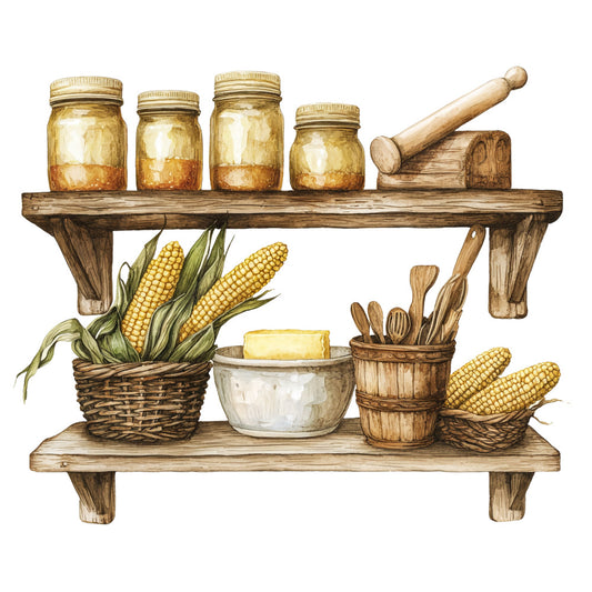 rustic kitchen, wooden shelves, mason jars, corn ears, wicker baskets, wooden utensils, mortar pestle, farmhouse style, golden yellow, warm brown, cream white, country living, kitchen scene, vintage cooking, fabric panel, quilting cotton, harvest theme, rural aesthetic, cooking tools, preserved foods