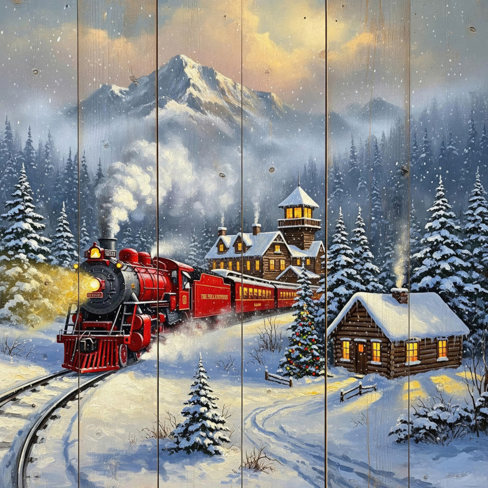 winter scene, snowy mountains, red train, steam locomotive, log cabins, christmas, holiday, snowing, forest, pine trees, snow-covered, golden lights, vintage, nostalgic, festive, winter landscape, cabin, mountains, cream, deep red, forest green, golden yellow, soft blue, rustic, traditional, whimsical, scenic, nature, transportation, holiday themed