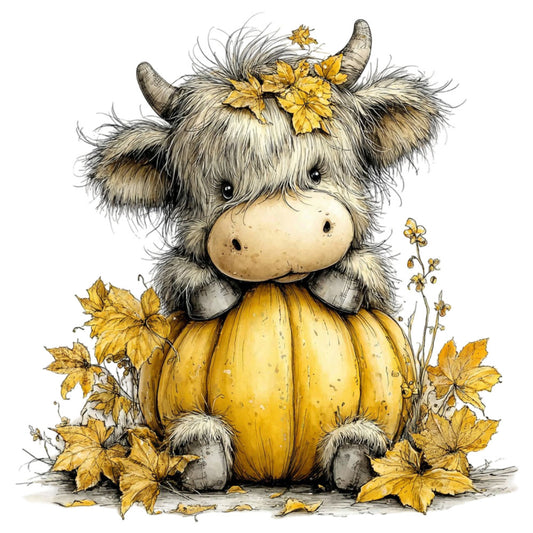 autumn, fall, highland cattle, highland cow, yak, whimsical, cute animals, farmhouse, rustic, cream, tan, beige, golden yellow, mustard yellow, nature, woodland, harvest, cozy, storybook illustration, children's, baby, botanical, leaves, flowers, daisy, gentle, soft, cottage core, seasonal, thanksgiving