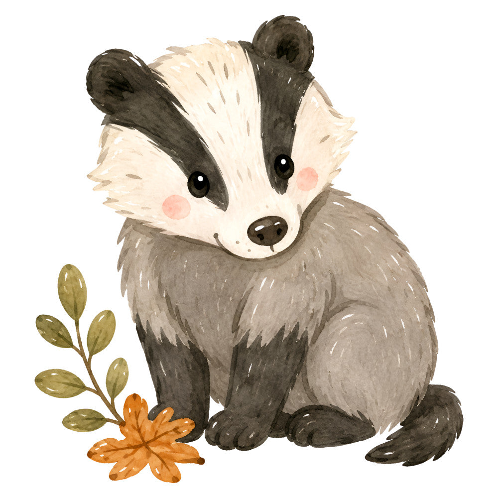 badger, woodland animals, nature, whimsical, cute, children's, baby, gray, grey, cream, white, black, orange, olive green, folk art, rustic, forest theme, animals with flowers, playful, illustration style, nursery, baby quilt, wall hanging, autumn, fall, gentle, sweet, charming, watercolor style