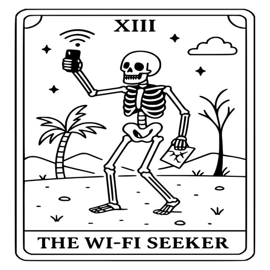skeleton, tarot card, wifi seeker, black and white, monochrome, humorous, funny, whimsical, modern, contemporary, novelty, occult, mystical, celestial, cloud motif, palm tree, desert landscape, technology humor, retro, vintage style, witchy, spooky, skull, bones, stars, alternative, indie, pop culture, tech lover gift, statement print