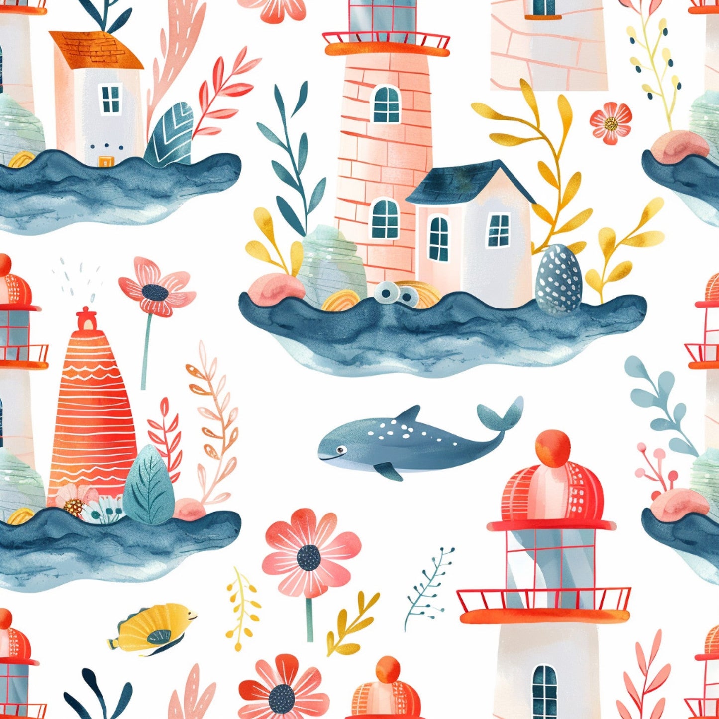 Springtime Lighthouse Scene Pattern 7 Quilting Cotton Fabric