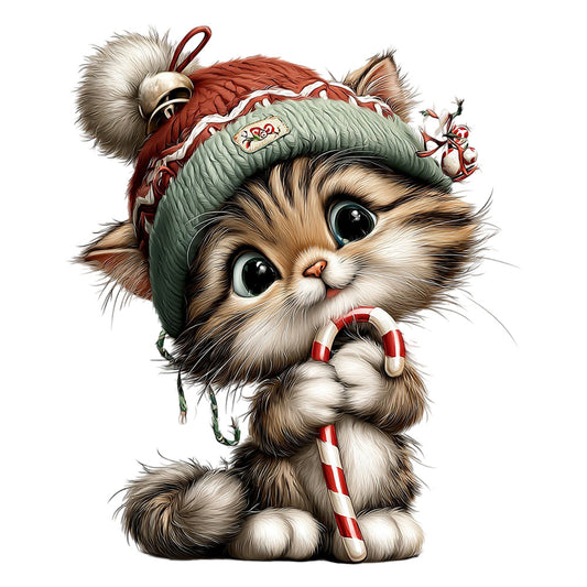 cute cat, holiday, christmas, winter, festive, candy cane, red and white, sage green, cream, tan, brown, whimsical, vintage, retro, kawaii, animal, kitten, fluffy, sweet, jolly, seasonal, candy striped, decorative hat, nostalgic, cheerful, playful, folk art style, children's theme, gift worthy