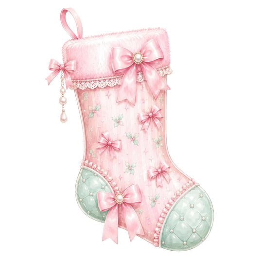 blush pink, sage green, pearl white, rose pink, floral, bows, ribbons, stars, flowers, roses, vintage, elegant, whimsical, romantic, feminine, christmas stocking, holiday, festive, baby girl, nursery, delicate, pearls, lace, decorative, soft, pastel, girly, embellished, ornate