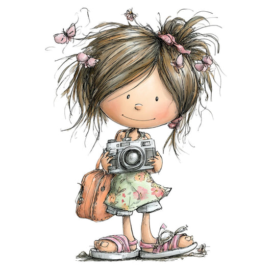 girl, illustrated, whimsical, vintage, camera, travel, adventure, butterflies, pink, cream, brown, tan, floral, botanical, nature, children's, kids, sweet, charming, cottage core, storybook, artistic, hand-drawn, spring, feminine, playful, backpack, wanderlust, memories, soft colors