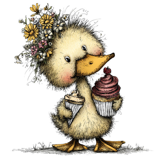 duckling, flowers, floral, yellow, cream, white, pink, brown, gold, whimsical, charming, cute, animals, nature, baby, spring, summer, daisy, sunflower, cupcake, sweet, storybook, vintage, illustrated, children's, nursery, panel print, country, folk art, decorative