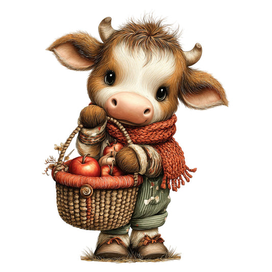 cow, farm animals, farmhouse, autumn, fall, harvest, apples, basket, brown and white, cream, rust, terracotta, orange-red, sage green, whimsical, cute, country, rustic, vintage, adorable, character print, novelty, folk art, woodland, cozy, seasonal, harvest time, animal lover