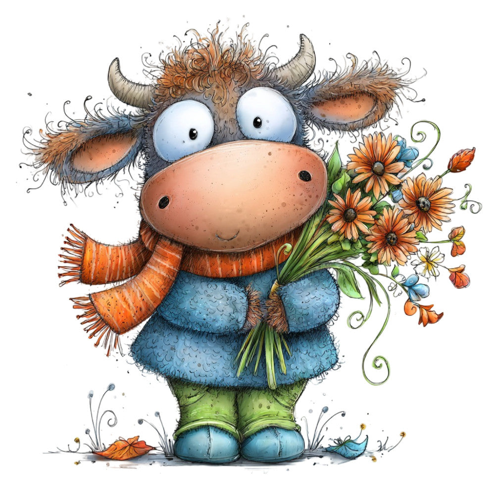 cute cow character, whimsical animals, children's illustration, sky blue, burnt orange, soft brown, sage green, floral bouquet, daisy flowers, animal face, folk art style, farmhouse decor, nursery print, playful design, illustration art, nature motif, spring flowers, cheerful pattern, rustic charm, kids bedding, storybook illustration, hand-drawn style, pastoral theme, colorful character, decorative print, baby fabric, children's theme, character design