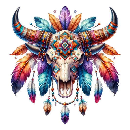 bull skull, tribal patterns, geometric designs, feathers, dreamcatcher, turquoise blue, orange, purple, teal, coral pink, native american inspired, southwestern style, boho chic, mandala motifs, beadwork details, fabric panel, quilting cotton, spiritual symbols, ornate decoration, vibrant colors