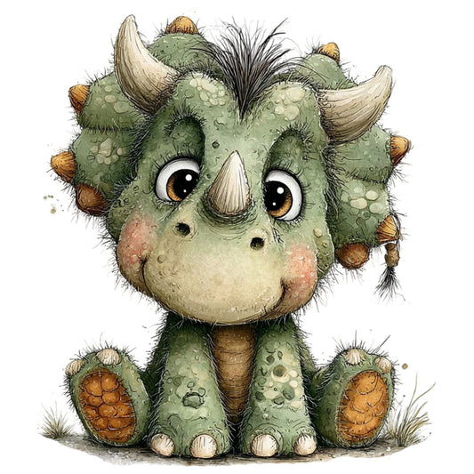 sage green, cream, tan, golden brown, forest green, dinosaur, triceratops, cute animals, whimsical, children's, baby, illustration, fantasy, charming, playful, kids theme, nursery, adorable characters, textured, detailed artwork, animal lover, storybook, children's quilt, wall hanging, nature inspired, decorative panel, artistic, hand drawn style, dino theme
