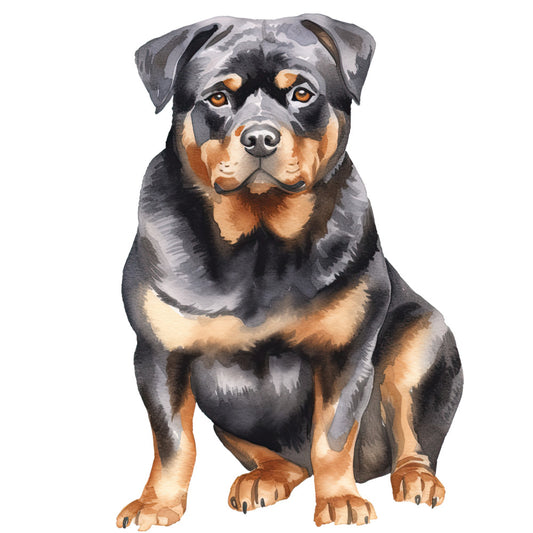Watercolor Rottweiler Fabric Panel 16 featuring a detailed hand-painted style Rottweiler dog on premium quilting cotton.