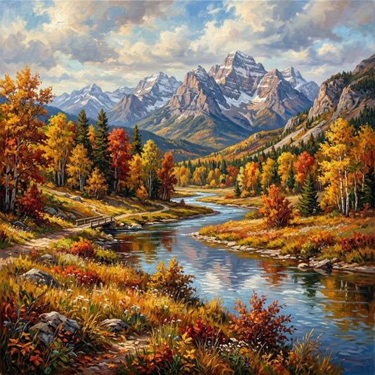 autumn landscape, mountain scenery, fall foliage, river landscape, aspen trees, evergreen forest, snow-capped peaks, golden yellow, burnt orange, forest green, deep blue, cream, sky blue, rust red, nature themed, scenic, landscape, rustic, traditional, outdoor adventure, cabin style, majestic mountains, flowing water, autumn colors, seasonal, wall hanging, large scale print, realistic painting style, tranquil scene