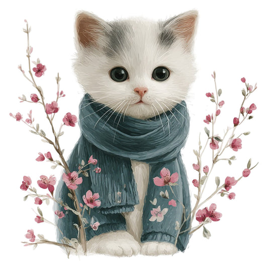 white cat, teal blue, dusty rose, pink flowers, floral, animal, cat illustration, nature, whimsical, elegant, spring, cherry blossoms, botanical, cat with scarf, cute animals, decorative panel, wall art, soft colors, delicate florals, kitten design, charming, feminine, pastel palette, flower branches, serene, peaceful, artistic cat, springtime flowers