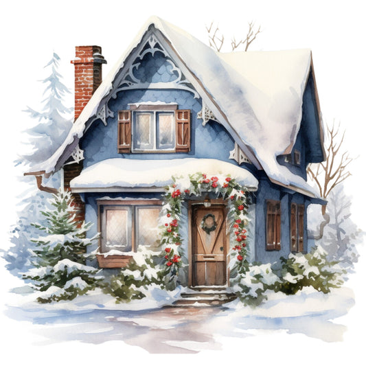 Watercolor Winter Houses Fabric Panel 43
