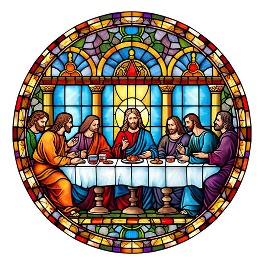 stained glass, religious, last supper, jesus christ, spiritual, biblical, faith, christian, gold, blue, red, purple, orange, yellow, ornate, traditional, elegant, vintage, arched window, figures, architectural, decorative border, sacred, devotional, multi-figure, dinner scene, tabletop, wall hanging, religious decor, church