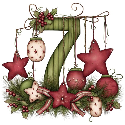 burgundy, cream, forest green, dusty rose, red, stars, ornaments, holly berries, ribbons, candy canes, rustic, traditional, whimsical, vintage, christmas, holiday, winter, festive, decorative ornaments, hanging decorations, evergreen, country style, folk art, primitive, seasonal, red stars, striped ribbon, beaded berries, number 7, wall hanging
