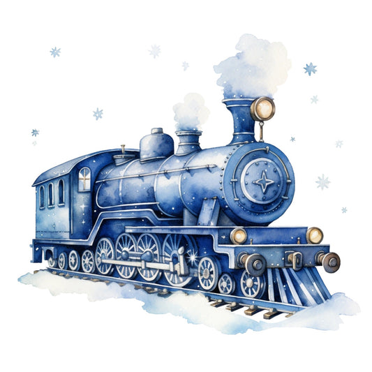Blue Christmas Train Fabric Panel 1