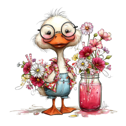 whimsical duck, orange beak, glasses, pink flowers, daisies, gerberas, floral, animal character, cottagecore, farmhouse, spring, summer, coral pink, dusty rose, cream, soft yellow, denim blue, playful, cheerful, nature-inspired, garden theme, illustrated, vintage style, folk art, rustic charm, flower arrangement, mason jar, cute animal, children's fabric, decorative panel
