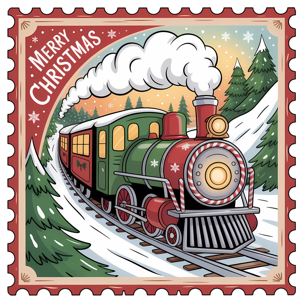 Vintage Christmas Stamps Fabric Panel 17 featuring a festive steam train in snowy pine forest with Merry Christmas greeting.