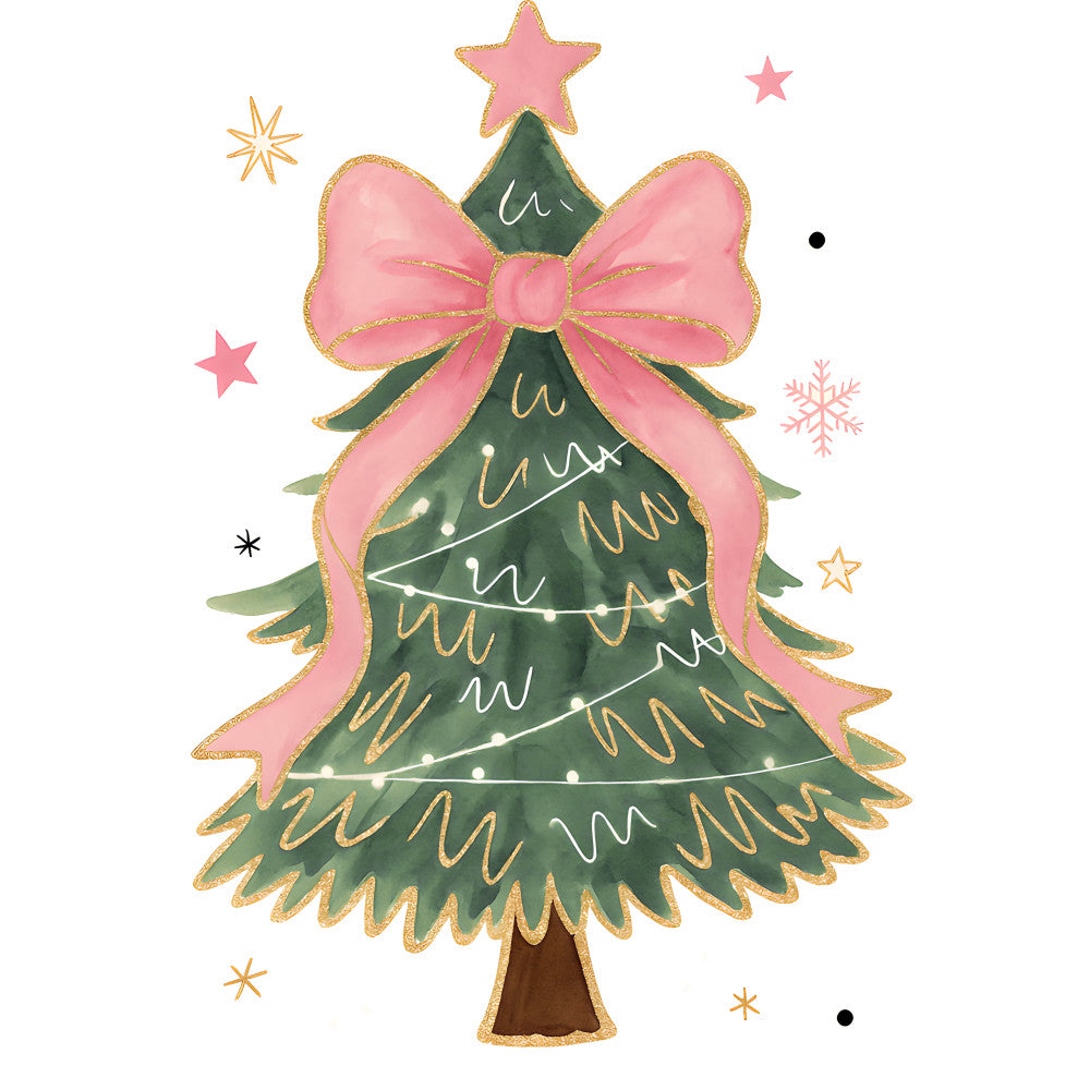 pink, green, gold, christmas tree, star, bow, ribbon, snowflake, watercolor, festive, holiday, fabric panel, quilting cotton, winter, decorative, seasonal, pastel, soft colors, whimsical, crafting